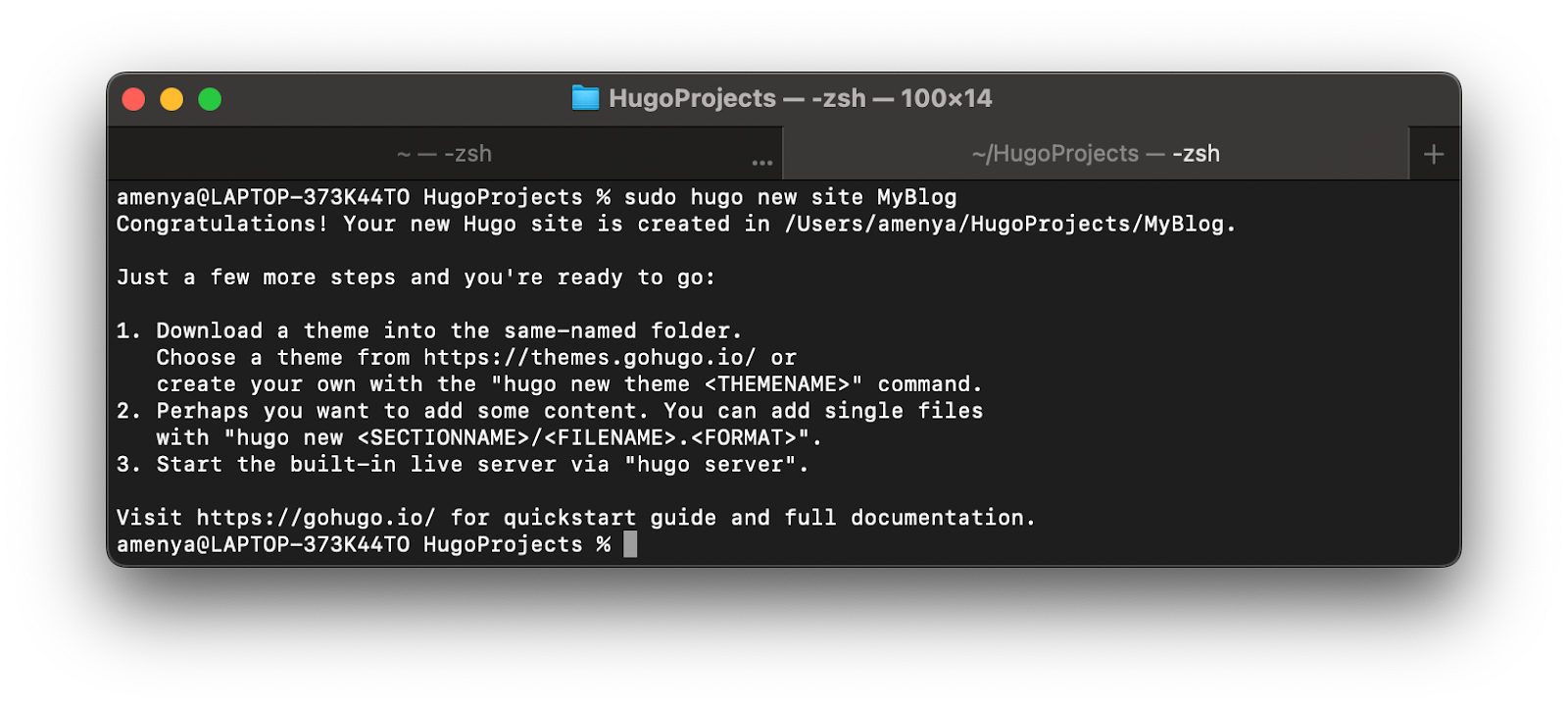 The output after successful creation of Hugo Site