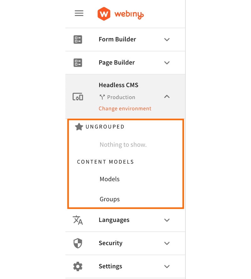 The content groups screen in Webiny