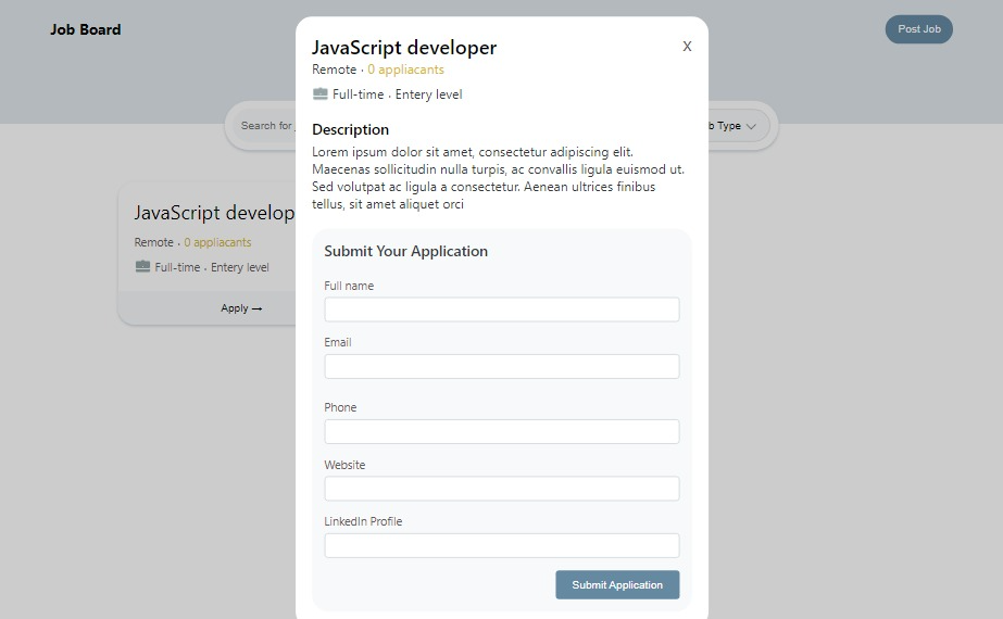 Interface for applying for a job